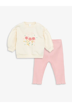 LC Waikiki Crew Neck Long Sleeve Printed Baby Girl's Sweatshirt and Leggings 2-Pair Set