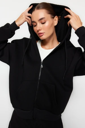 Trendyol Black Oversize/Comfortable Fit Basic Hooded Knitted Sweatshirt with Fleece Inside