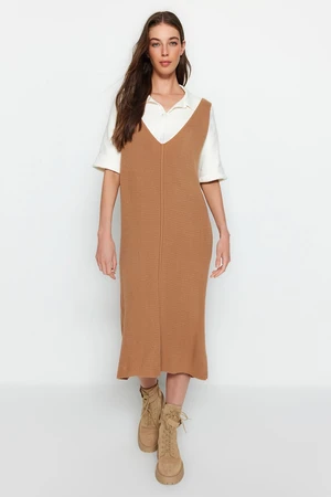 Trendyol Beige Maxi Knitwear V-Neck Gilet Dress