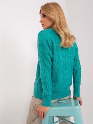 Turquoise sweater with cables and round neckline