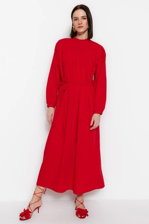 Trendyol Red Belted Shirring Detail Wide Fit Woven Dress