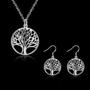 Hot woman Jewelry sets 925 sterling Silver Fine Retro Round tree Pendant necklace earrings Fashion Party wedding Holiday gifts