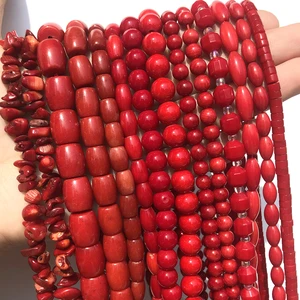 Natural Red Coral Gem Stone Irregular Chip Drum Drop Rice Round Loose Beads for Jewelry Making DIY Bracelet Necklace Handmade