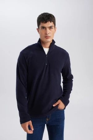 DEFACTO Navy Blue Non-Pilling Cold-Proof Regular Fit Stand-up Collar Zippered Polar Fleece Sweatshirt