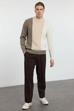 Trendyol Beige Men's Crew Neck Knitted Panelled Color Block Knitwear Sweater