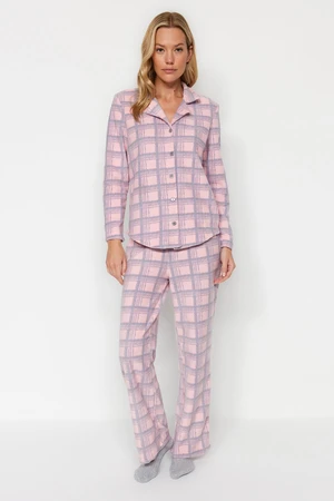 Trendyol Pink Multicolor Fleece Plaid Winter Knitted Pajamas Set