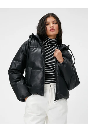 Koton Puffer Coat Leather Look Hooded