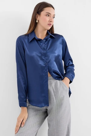 Bigdart 3964 Lightly Flowy Satin Shirt - Navy Blue