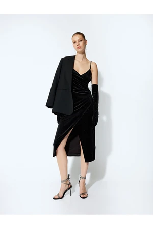 Koton Velvet Dress Glittery Midi Length Slit Detailed Straped V Neck Draped