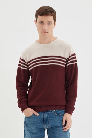 Trendyol Claret Red Men's Slim Fit Crew Neck Paneled Knitwear Sweater