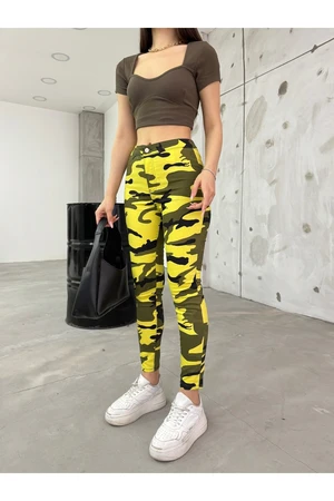 BİKELİFE Yellow Camouflage Pattern Gabardine Leggings Pants