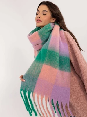 Green and pink winter scarf with fringe