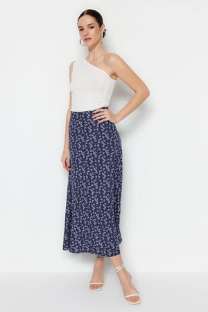 Trendyol Blue Floral Patterned Viscose Fabric Midi Length Woven Skirt