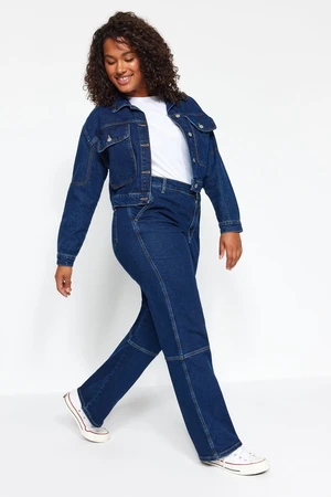 Trendyol Curve Dark Blue High Waist Cargo Straight Fit Jeans with Pocket.