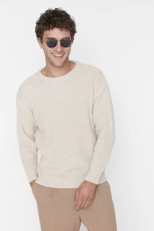 Trendyol Men's Beige Oversize Fit Wide Fit Crew Neck Basic Knitwear Sweater