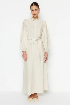 Trendyol Cream Belted Guipure and Ruffle Detailed Linen Blended Woven Dress