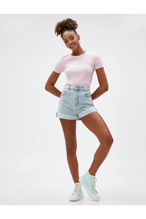 Koton Printed Crop T-Shirt, Crew Neck Short Sleeves