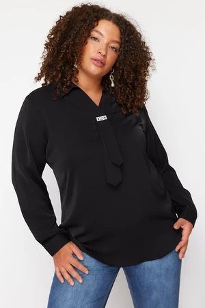 Trendyol Curve Black Woven Plus Size Stone Shirt Collar Blouse