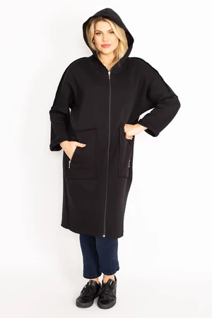 Şans Women's Plus Size Black Zipper And Hood Detailed Coat