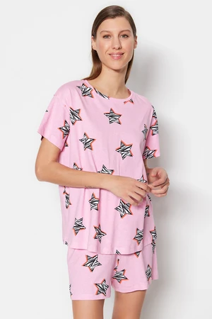 Trendyol Pink 100% Cotton Star Patterned T-shirt-Shorts Knitted Pajama Set