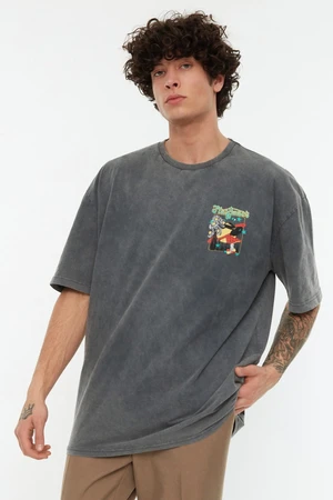 Trendyol Anthracite Oversize/Wide Cut Faded Effect Mystic Printed 100% Cotton T-Shirt