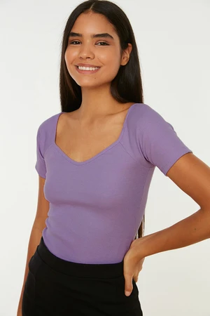 Trendyol Lilac Fitted/Clothing, Ribbed Cotton, Stretchy Knit Blouse