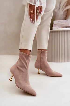 Women's stiletto heel ankle boots made of eco-suede with pointed noses beige Irithare