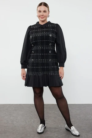 Trendyol Curve Black Shirt Collar Plaid-Plaid Mini Tweed Dress