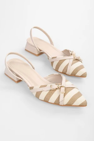 Shoeberry Women Ciao Beige Linen Striped Buckled Ballerinas