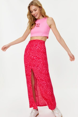 Trendyol Pink Animal Patterned Slit Detail Maxi Length Woven Skirt