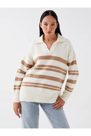 LC Waikiki Dámské Polo Neck Pruhovaný Dlouhý Rukáv Oversize Pletený Svetr