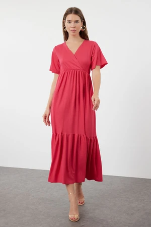 Trendyol Fuchsia Plain Maxi Double Breasted Skirt Ruffle Textured Short Sleeve Flexible Knitted Maxi Dress Knit Dress