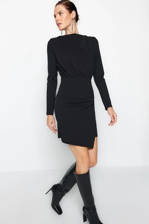 Trendyol Black Premium Textured Crepe Drape Detailed Mini Knitted Dress