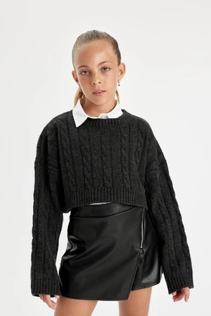 DEFACTO Girl's Anthracite Crop Crew Neck Hair Knitted Acrylic Sweater