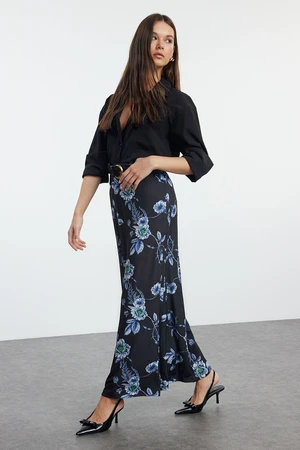 Trendyol Black Floral Printed A Line/Bell Cut Flexible Maxi Skirt