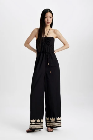 DEFACTO Strapless Poplin Wide Leg Long Jumpsuit