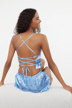 Trendyol Blue-Multicolored Ruffles and Back String Strap Satin Woven Pajama Set