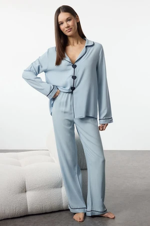 Trendyol Light Blue Heart Ribbed Viscose Woven Pajamas Set