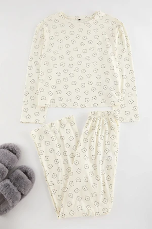 Trendyol Ecru 100% Cotton Teddy Bear Patterned Knitted Pajama Set