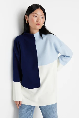 Trendyol Blue Color Block Collar Stand Up Knitwear Sweater