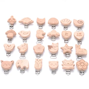 1Pcs Printing Animal Dummy Clip Beech Wood Nipple Clip For Teether Chewing Toys Accessory DIY Anti-Drop Baby Pacifier Chain