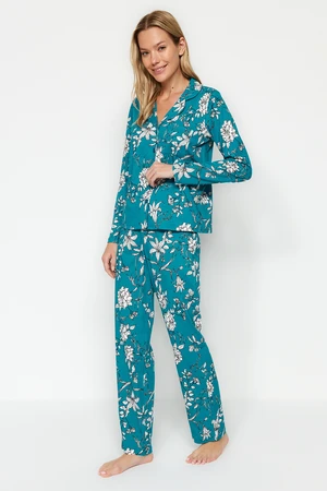 Trendyol Petrol 100% Cotton Floral Pattern Shirt-Pants and Knitted Pajamas Set