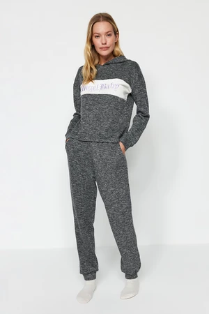 Trendyol Gray Cotton Slogan Printed Sweatshirt-Jogger Knitted Pajama Set