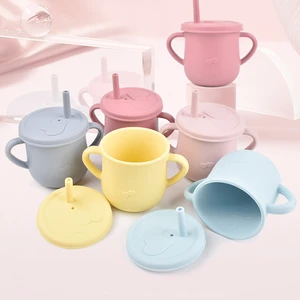 Baby Feeding Cups Food Grade Silicone Children Drinking Straws Cup With Handle Sippy Leakproof Cup With Lids Baby Tableware