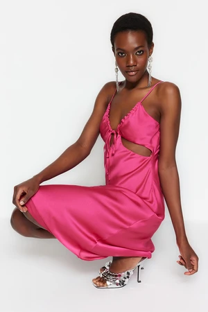 Trendyol Fuchsia Lined Woven Out Window/Cut Detailed Satin Elegant Evening Dress