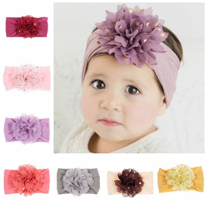 Fashion Gold Dot Chiffon Flower Baby Girls Headband Elastic Wide Nylon Newborn Infant Toddler Headwraps Hair Accessories Gifts