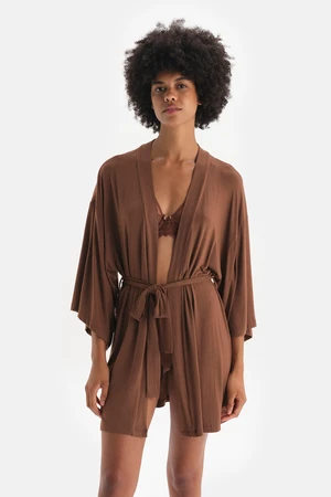 Dagi Brown Lace Detailed Wide Sleeve Dressing Gown