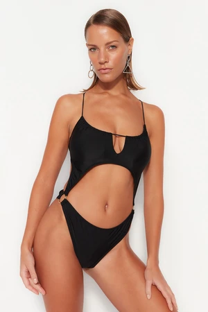 Trendyol Black Round Neck Cut Out/Windowed High Leg Swimsuit