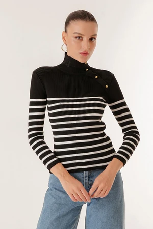 By Saygı Blazer Striped Off-the-Shoulder Turtleneck Sweater