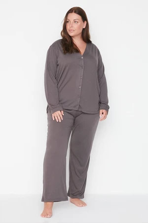 Trendyol Curve Anthracite Buttoned V-Neck Pajamas Set